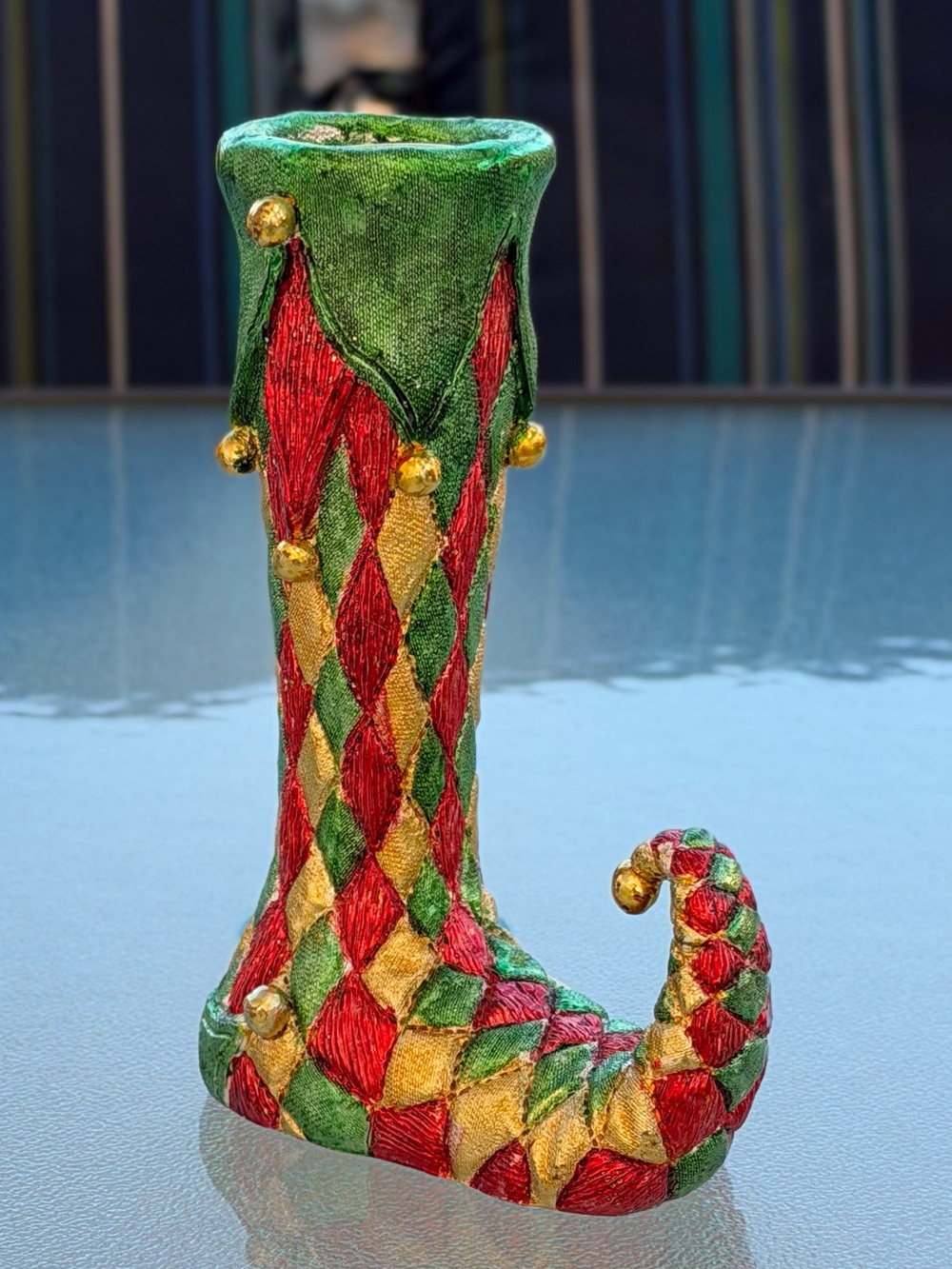 Boston Warehouse Y2K Christmas Harlequin Gold Balls Elf Shoe Taper Candle Holder